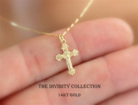 SOLID KT GOLD Crucifix Cross Necklace Women Girls Small Charm Pendant