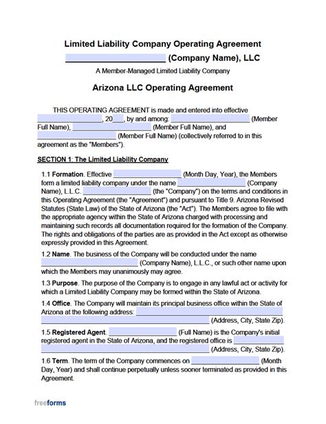 Free Arizona Multi Member Llc Operating Agreement Form Pdf Word