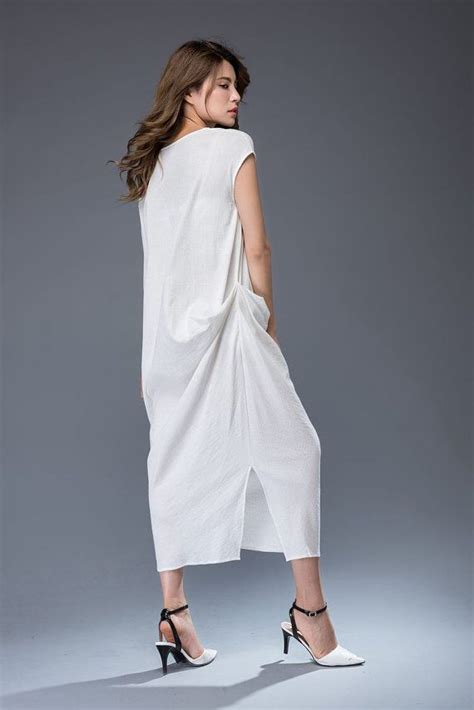 Loose Fitting Dress White Linen Sleeveless Long Cool By Yl Dress