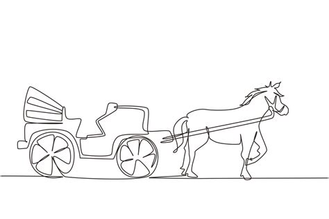Single One Line Drawing Vintage Transportation Horse Pulling Carriage