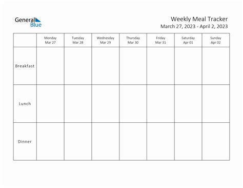 Weekly Printable Meal Tracker For The Week Of March 27 2023 Monday Start