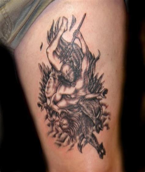 Horrible Black Color Ink Angel Vs Demon Tattoo On Thigh For Girls