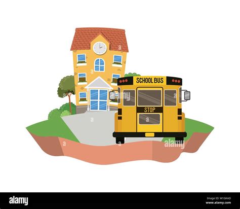 School Building Of Primary With Bus In Landscape Stock Vector Image