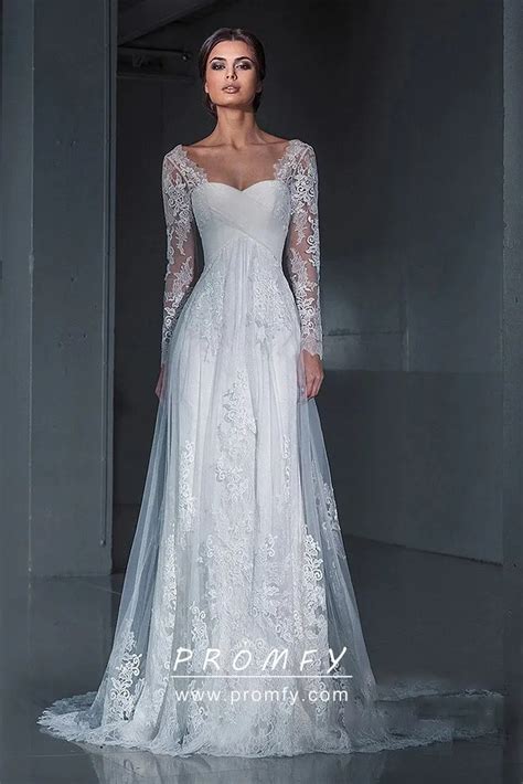 White Lace Long Sleeve Sweetheart Long Wedding Gown Promfy