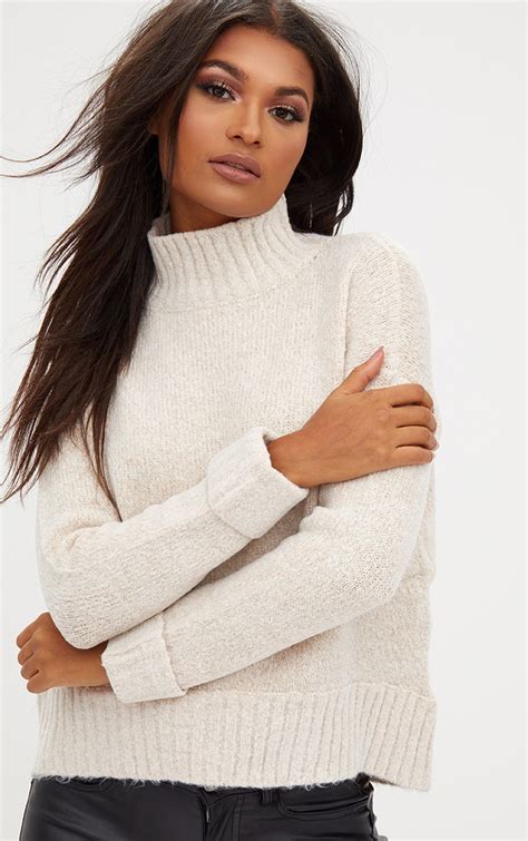 Cream Oversized Funnel Neck Jumper Knitwear Prettylittlething Uae