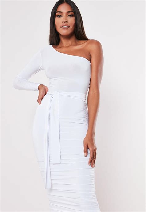 White One Shoulder Slinky Bodycon Ruched Midaxi Dress Missguided Ireland