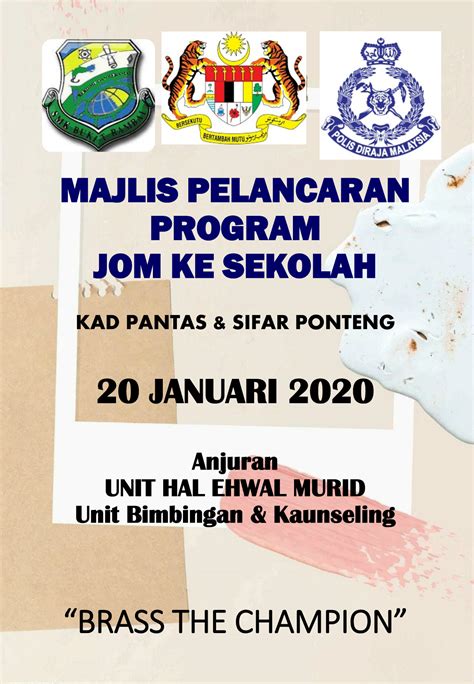 Program jom ke sekolah adalah merupakan program kolaboratif antarakementerian pendidikan malaysia dan polis diraja malaysia(pdrm) dalam usaha menangani permasalahan disiplin dan salah laku murid.penglibatan pihak polis dalam kawasan sekolah adalah melalui pegawai. Laporan Program Jom Ke Sekolah 2020