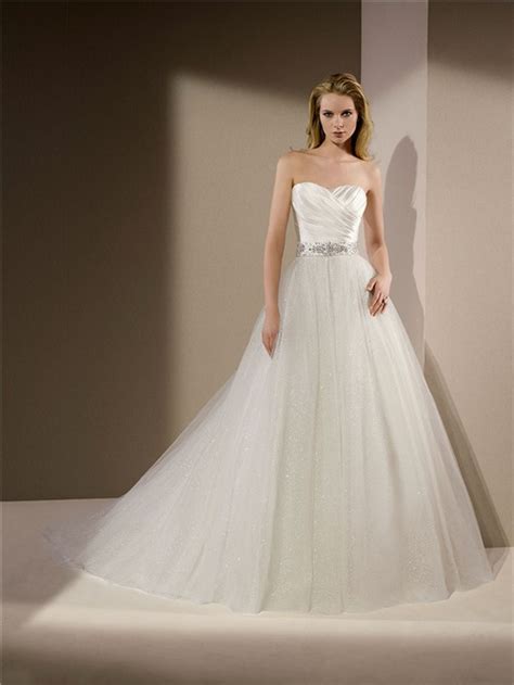 Ball Gown Strapless Ruched Satin Glitter Tulle Wedding Dress Crystals