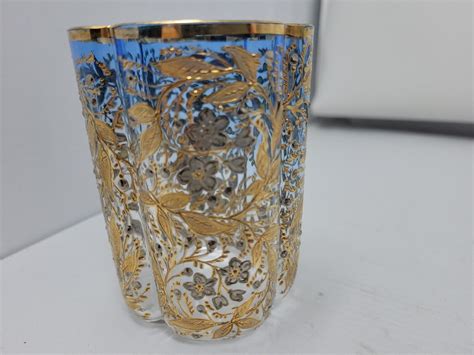 Antique Moser Glass Hand Painted Raised Gold 3 3 4 Quatrefoil Blue Tumbler Ebay
