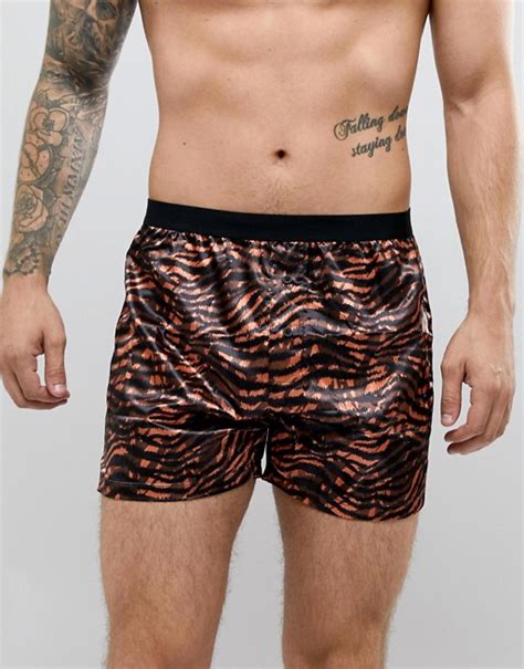 Asos Design Woven Boxers In Silky Feel Fabric With Tiger Print Asos