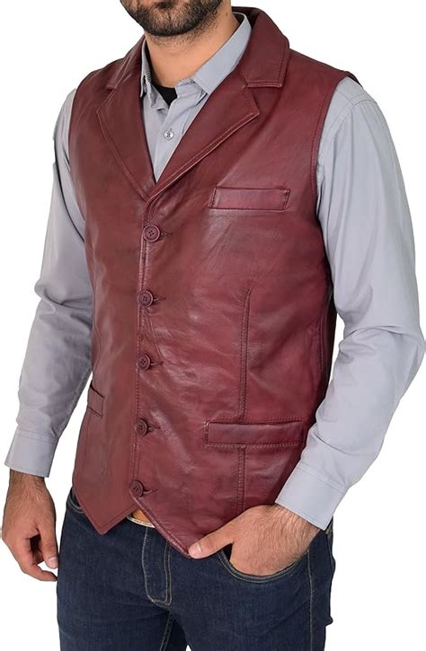 Mens Genuine Burgundy Soft Leather Waistcoat Revere Collar Gilet