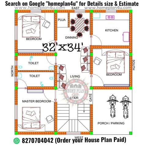 32 X 34 House Plan With 3 Bhk Design Little House Plans How To Plan
