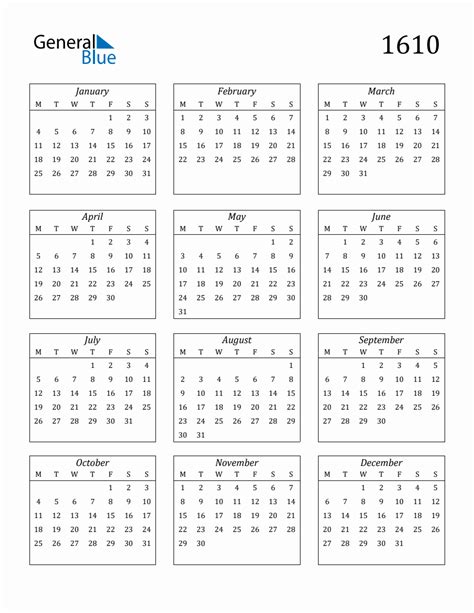1610 Blank Yearly Calendar Printable
