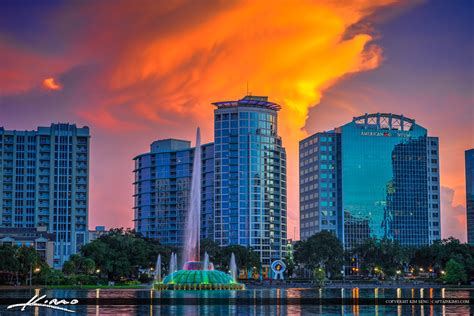 Orlando Downtown City Skyline With Color And Water Fountain Hdr