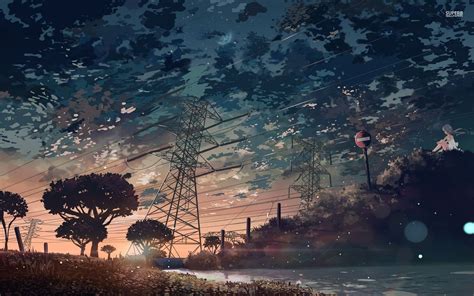 Artwork Sunset Anime Trees Clouds Utility Pole Power Lines Hd