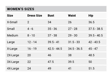 Women Size Chart Mopar