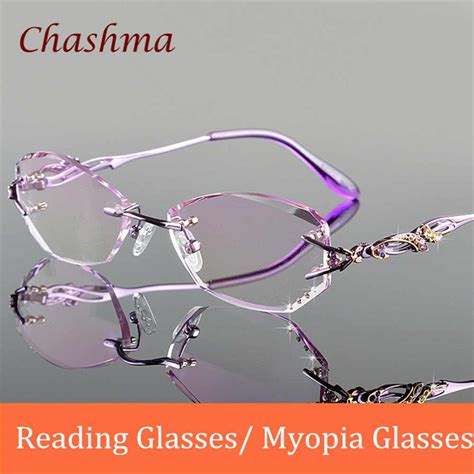 chashma titanium fashion female eye glasses diamond trimmed rimless spectacle frames wome
