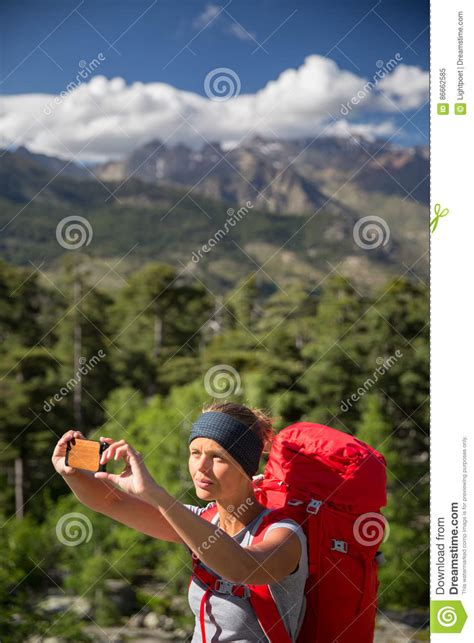 Pretty Young Woman Hiker Taking A Selfie Photo Stock Image Image Of