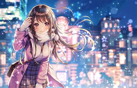 Download 2427x1559 Beautiful Anime Girl Coat Smiling Winter