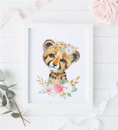 Baby Girl Floral Safari Animal Cheetah Print Pink Mint Gold Watercolor