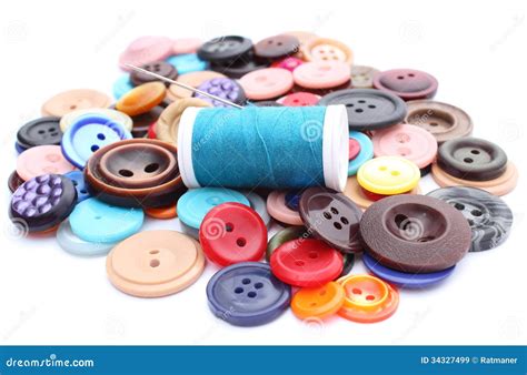 Blue Thread With Needle And Collection Of Colored Sewing Buttons Stock