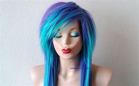 Emo Wig Scene Wig Purple Teal Ombre Wig Blue Emo Girls Wig Etsy