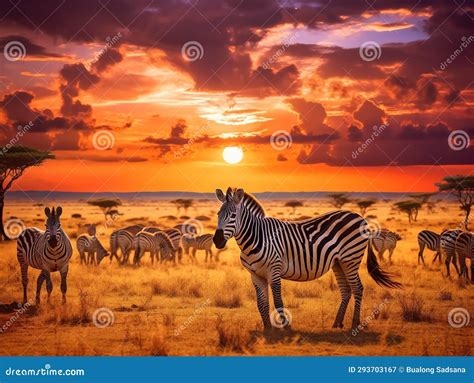 ai generated illustration wildlife concept of zebras herd on african savanna at sunset stock