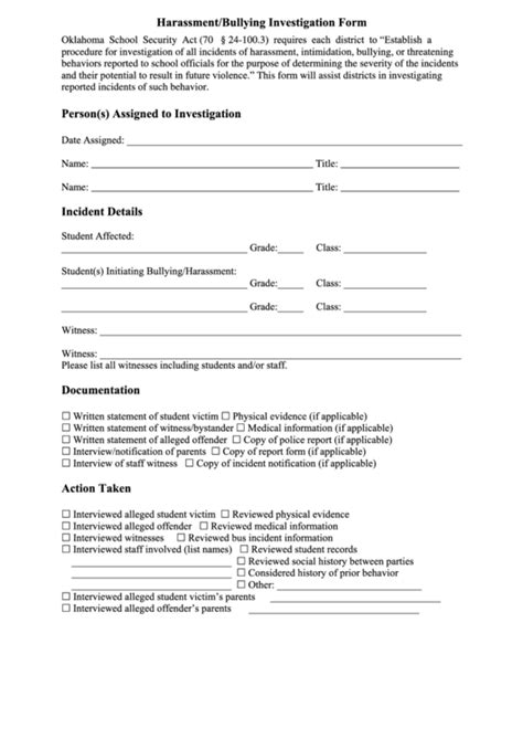 Fillable Harassment Bullying Investigation Form Printable Pdf Download