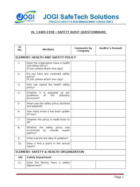 Is 14489 1998 Safety Audit Questionnaire Emergency Personal