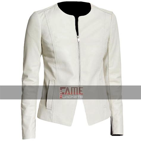 Women Casual White Collarless Leather Jacket Famejackets