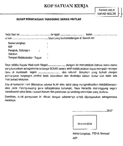 Seperti surat pernyataan kerja bermaterai, perjanjian, dan pernyataan belum menikah. Surat Pernyataan Tanggung Jawab Mutlak Paud Marwahsaji ...