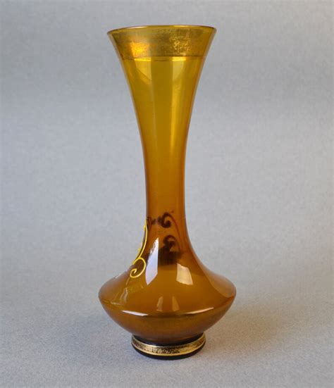 Victorian Amber Glass Bud Vase With Moriage Flowers 7 Inches Etsy