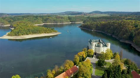 Aerial View Chateau Orlik Above Orlik Reservoir In Beautiful Autumn