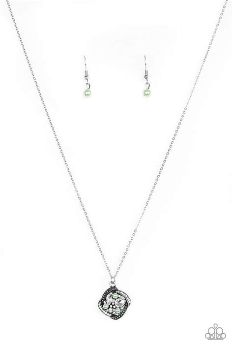 Speaking Of Timeless Green Necklace Paparazzi Accessories Rhinestone Pendant Green Pearls