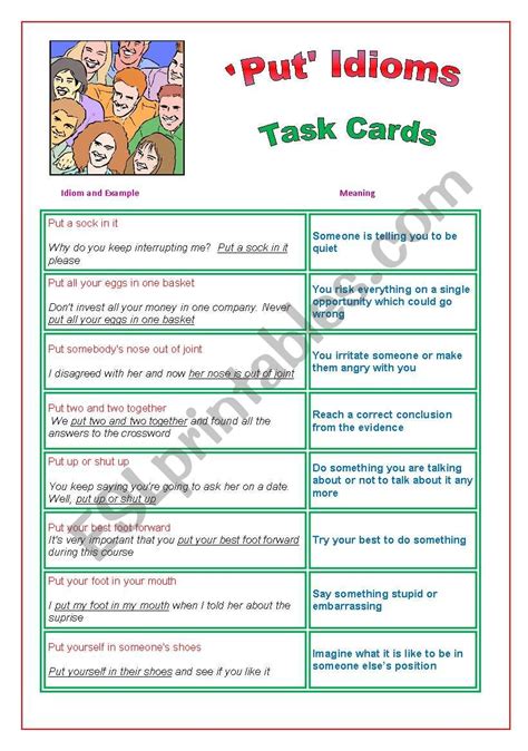 ´put´ Idioms Task Cards Esl Worksheet By Jayho