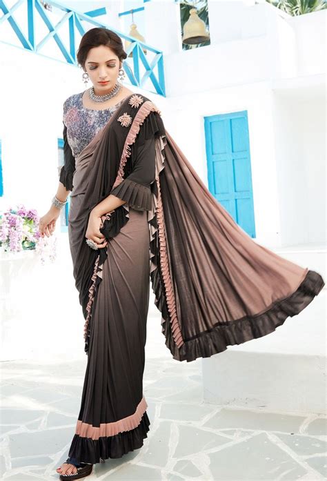 Brown Lycra Ruffle Saree In 2020 Party Wear Sarees Blouse Designs