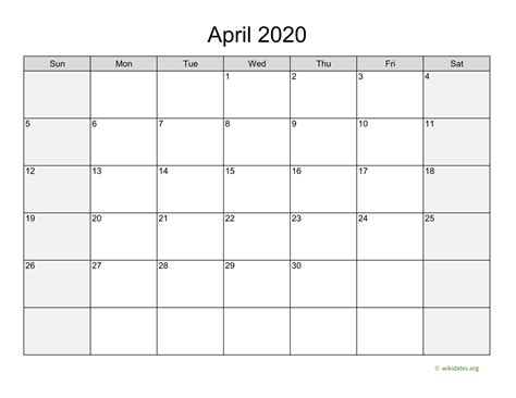 April 2020 Calendar With Weekend Shaded Wikidates Org