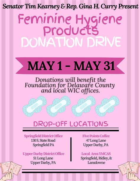 Senator Kearney Rep Curry Offices To Collect Feminine Hygiene Products During May