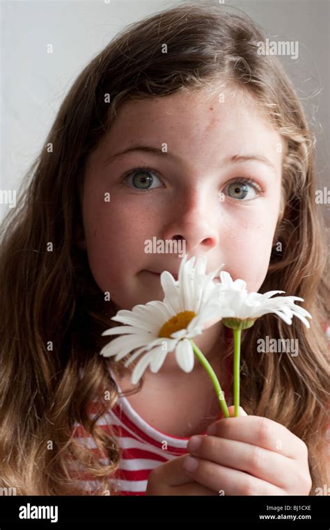 Little Girl 7 Years Old Smelling Daisies Stock Photo Alamy