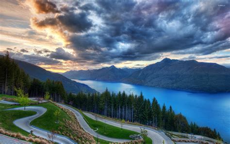 Nature Landscape Lake Turquoise Trees Mountains Clouds Sunset