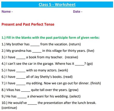 Present And Past Perfect Tense Class 5 Worksheet Fill In The Blanks