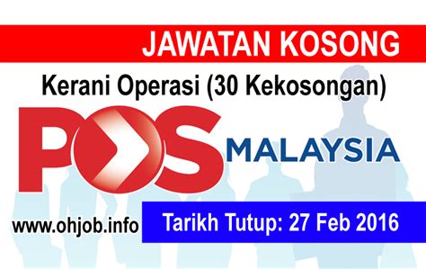 We employ more than 16,000 people, at more than 700 outlets, reaching more than 6 million addresses nationwide.with a solid financial. Jawatan Kosong Pos Malaysia Melaka - Kerkosi