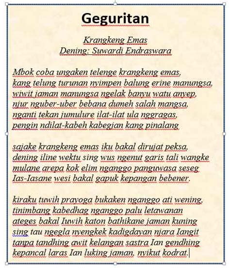 Mugi pikantuk margi ingkang padhang lan katentreman ing pangayunipun gusti ingkang murbeng dumadi. Geguritan Jawa Lan Pesan Moral Boso Jowo / Kumpulan Contoh ...