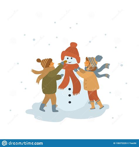 Snowman cartoon photos and images. Boy And Girl Making A Snowman Isolated Cartoon Vector ...