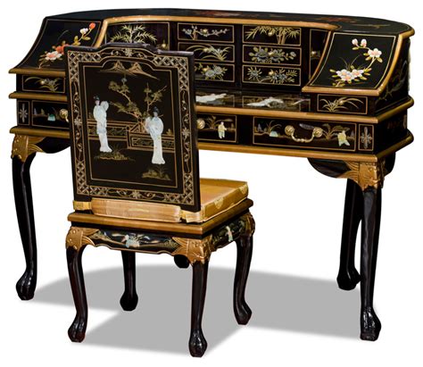 Black Lacquer Mother Of Pearl Motif Harpsichord Style Oriental Desk Set