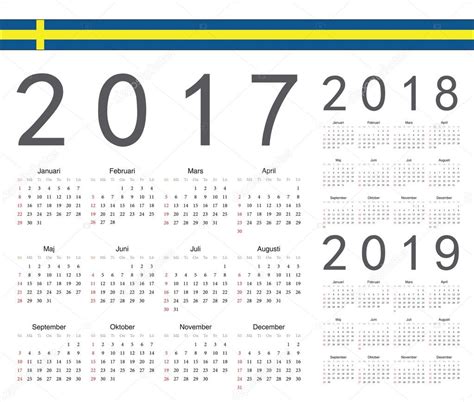 Set Of Swedish 2017 2018 2019 Year Vector Calendars — Stock Vector