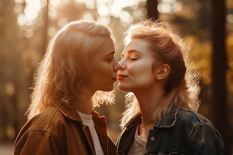 Premium Ai Image Two Lgbt Lesbian Girls In Love Kiss In Nature In Park In Summer Generative Ai