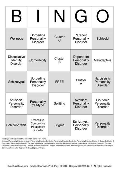 Personality Disorder Bingo Cards To Download Print And Customize