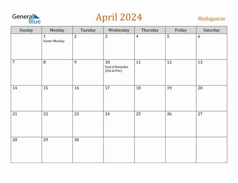 Free April 2024 Madagascar Calendar