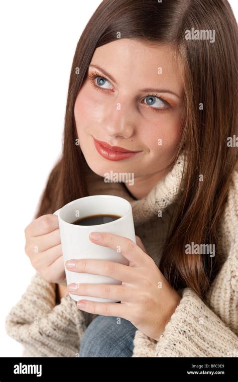 Winter Portrait Of Happy Woman Holding Cup Of Coffee Wearing Turtleneck
